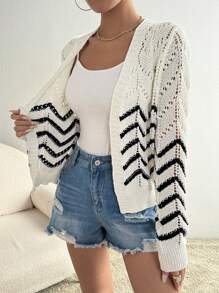SHEIN LUNE Women's Spring/Autumn Casual Colorblock Striped Hollow-Out Knitted Cardigan - White - View 7