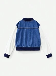 SHEIN Tween Girls Denim Jacket And Hoodie Patchwork Design Washed Denim Jacket ,Bomber Jacket Kids - Medium Wash - View 2