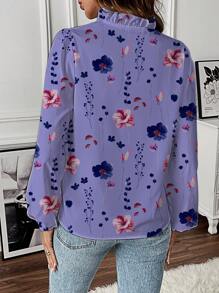 SHEIN LUNE Women's Long Sleeve Full Floral Print Frill Trim Casual Chic Blouse - Purple - View 2