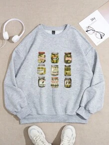 SHEIN LUNE 女士休闲简约泡菜印花超大圆领运动衫，秋冬，长袖上衣 - 淺灰色 - 查看 4