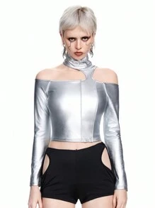 ROMWE Grunge Punk Sexy PU Reflective Striped Futuristic Women Bodycon T-Shirt - Silver - View 4