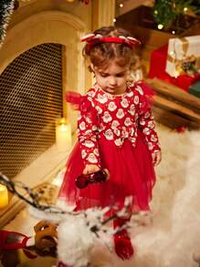 Christmas Baby Girl Doll Dress,Red And White Santa Claus Print Mesh Ruffle Bow Long Sleeve Cute Autumn Birthday Holiday Clothes For Spring Winter - Multicolor - View 5