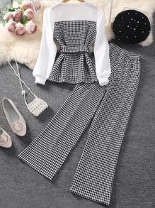 Tween Girl Houndstooth Patchwork Long Sleeve Top With Belt + Houndstooth Pants 2pcs Set - Black and White - View 2