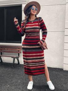 SHEIN LUNE 大码女式圣诞彩虹条纹侧开衩下摆长款休闲连衣裙，时尚秋季女装新年女装节日装节日派对礼服大码连衣裙 - 彩色 - 查看 6