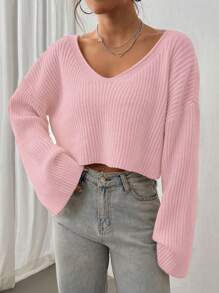 Textured V-Neck Long Sleeve Minimalist Sweater, Casual Everyday Wear - Pink - View 4