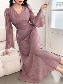 Modelyn Elegantes Damenkleid mit V-Ausschnitt und langen Ärmeln, einfarbig