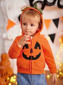 SHEIN Playful Pals Chaqueta con capucha de forro polar con bordado de calabaza para bebé niño, apropiada para Halloween, Acción de Gracias o fiestas - Naranja - Ver 4