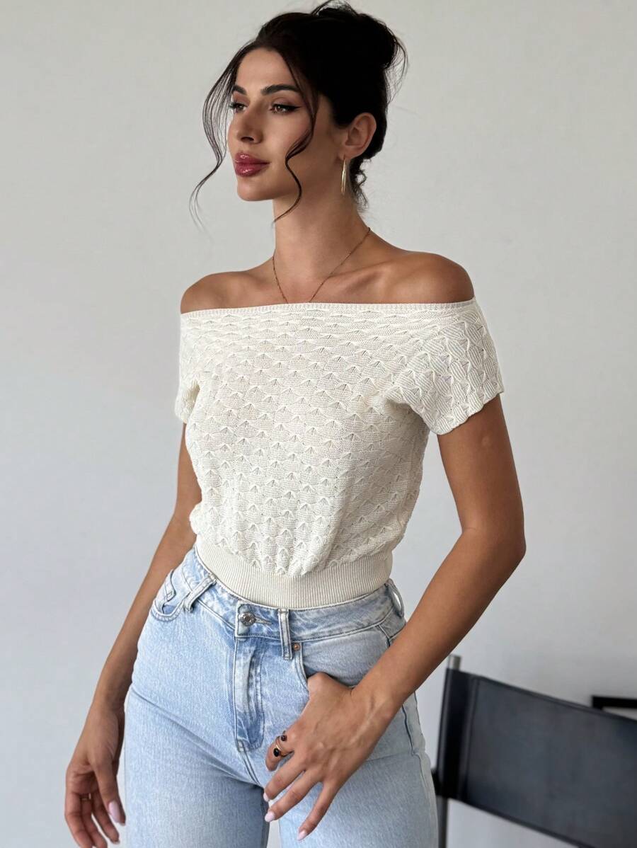 SHEIN Privé Suéter elegante y sencillo de punto para mujer con hombros descubiertos, parte superior suelta y Bottom ajustada - Albaricoque - Ver 1