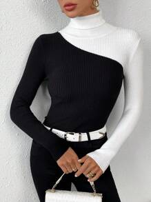 Firerie 女士拼色高领长袖毛衣 - 黑與白 - 查看 3