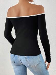 SHEIN Privé Áo thun dài tay hở vai họa tiết tương phản thường ngày mùa xuân/thu dành cho nữ - Đen và trắng - Xem 2