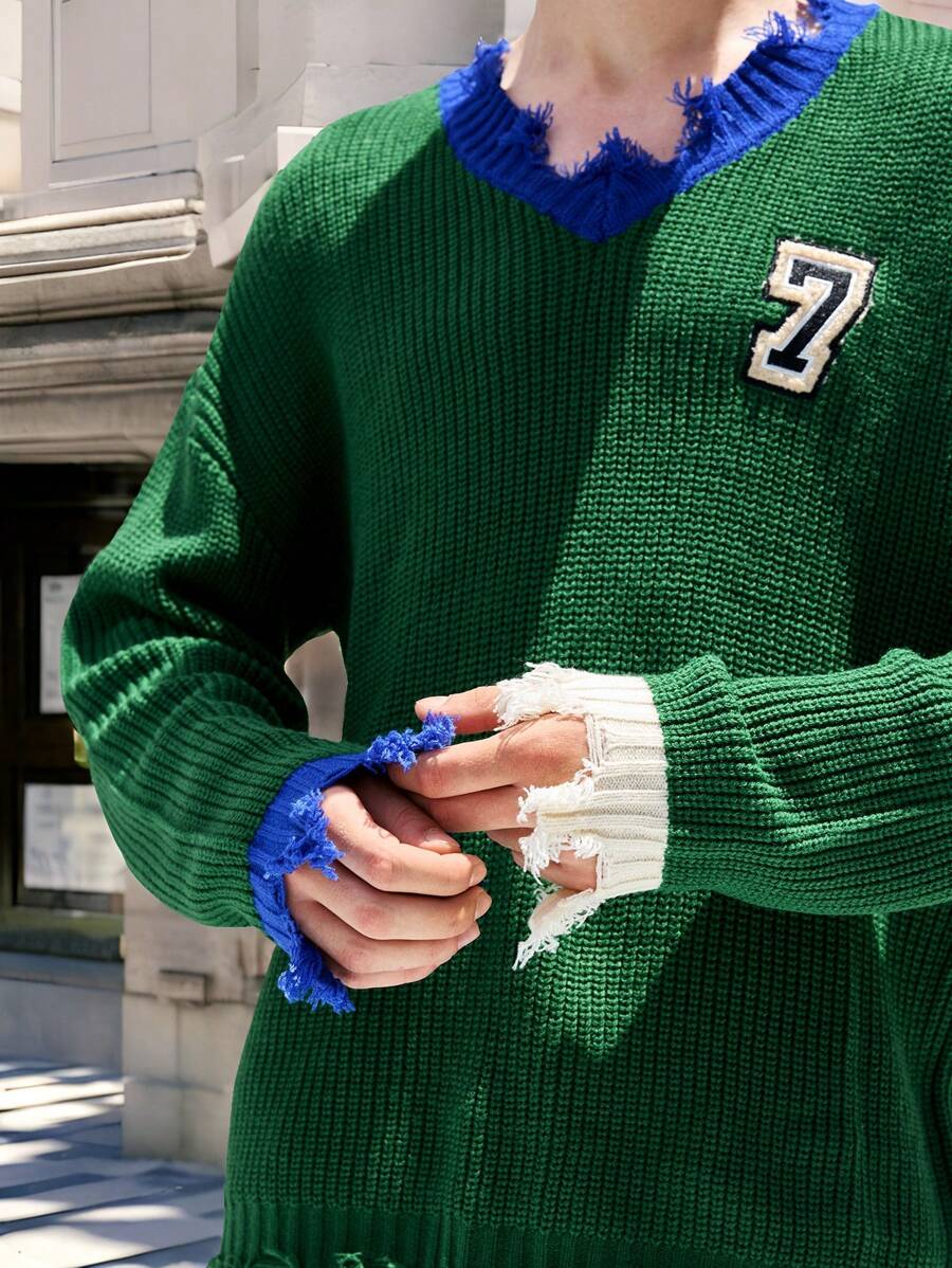 Claim Dot Áo len dệt kim trễ vai cổ chữ V dáng rộng in chữ thu đông cho nam - Nhiều màu - Xem 1