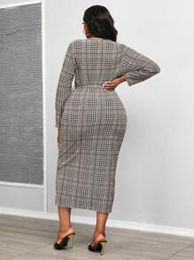 Maweii 大码女式千鸟格纹系腰带连衣裙 女式超长套装 - 咖啡棕 - 查看 2