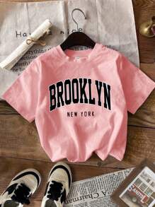 SHEIN EZwear Áo thun crop top tay ngắn cổ tròn họa tiết tên địa danh tối giản cổ điển CALIFORNIA, phù hợp cho mùa hè - Nhiều màu - Xem 5