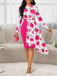 SHEIN Lady Vestido para fiesta de Navidad, vestido de fiesta, vestido de invitada de boda. Vestido con estampado de flores rojas, dobladillo asimétrico y diseño ajustado a la cadera. Vestido para dama, para usar en fiestas, primavera, verano, otoño. - Rosa Fucsia - Ver 5