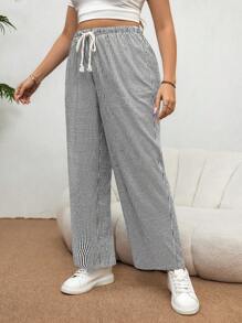 SHEIN Essnce Plus Size Dames Blauw & Wit Gestreepte Losse Casual Broek