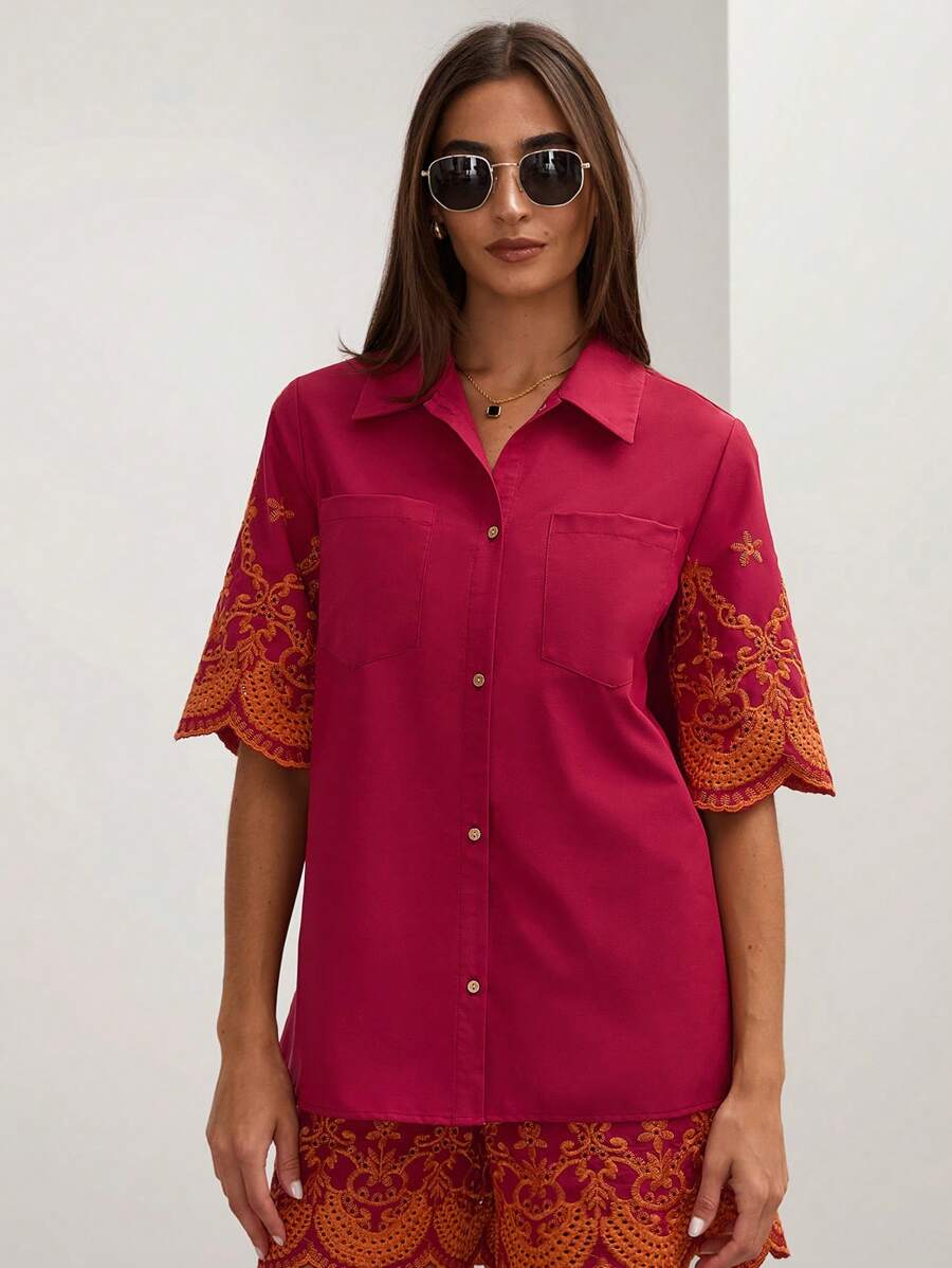 COSMINA Damen Knopfleisten Bluse mit Kurzarm und besticktem Design, Freizeitbluse - Verschiedenfarbig - Übersicht 1