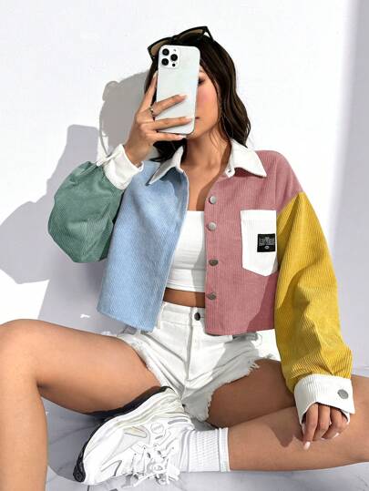 SHEIN EZwear 秋冬灯芯绒字母贴袋短款纽扣夹克