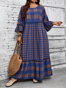 EMERY ROSE Plus Size Women Plaid Patchwork Long Dress, Fall - Multicolor - View 1