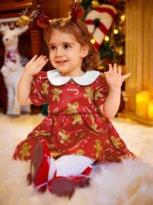 1 件装女婴圣诞节假期印花领腰褶边连衣裙，公主风格 - 彩色 - 查看 4