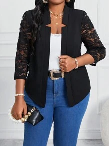 SHEIN Lady Áo khoác dài tay cỡ lớn mùa xuân và mùa thu và mùa đông giản dị thanh lịch màu đen đan ren ren tương phản ren dài ba phần tư - màu đen - Xem 1