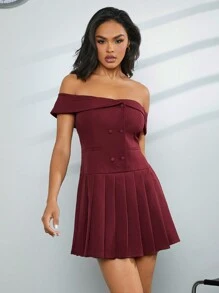 Hauture Off Shoulder Double Buttons Pleated Dress - Burgundy - View 7
