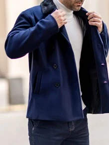 Manfinity Homme Men's Furry Panel Front Button Long Sleeve Pocket Jacket, Casual Daily Wear - Navy Blue - View 3