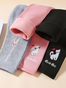 SHEIN Bộ 3 quần legging thêu cho bé gái, màu hồng/đen/xám, họa tiết thỏ, mèo, chó dễ thương, lót nhiệt mềm mại, trang phục thường ngày, xuân/thu/đông - Nhiều màu - Xem 9