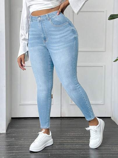 SHEIN SXY Plus Size Women's Washed Faded Denim Jeans