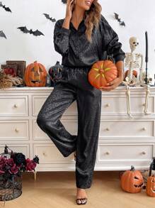 SHEIN LUNE Bộ 2 áo sơ mi họa tiết da báo Jacquard màu tối rộng rãi cho nữ và quần ống rộng, thích hợp cho lễ Halloween - màu đen - Xem 1