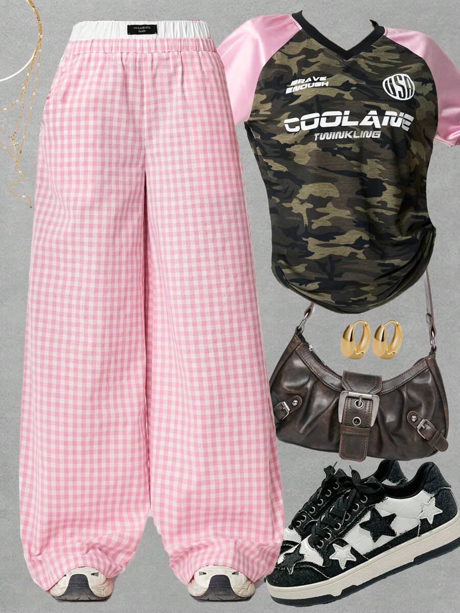 SHEIN EZwear Women's Back To School Street Style Cool Casual Women Spliced Waist Blue Plaid Weaved  Long Pants - Pink - View 1