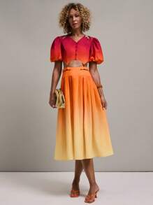 SHEIN Unity 2 件女式前扣渐变色衬衫和百褶裙休闲套装 - 彩色 - 查看 3