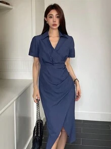 DAZY Vestido de mujer de cuello solido con escote en V y pliegues, vestido camisero casual diario - Azul Marino - Ver 5