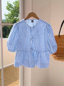 SHEIN EZwear 大码女式格纹印花荷叶边下摆休闲衬衫，配领结，蓝色格子上衣 - 藍色 - 查看 6