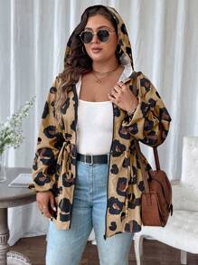 SHEIN LUNE Abrigo con capucha, estampado de leopardo, cordón ajustable en la cintura, para primavera y otoño, talla grande - Marrón - Ver 6