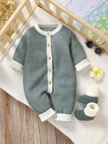 2 件套婴儿柔软针织连体衣、舒适长袖连体衣和配套婴儿鞋，休闲设计，适应宝宝的成长 - 綠色 - 查看 1