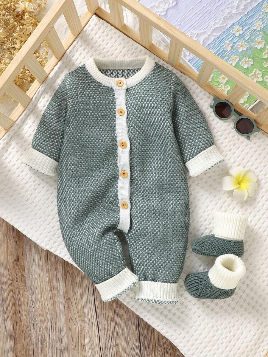 2 件套婴儿柔软针织连体衣、舒适长袖连体衣和配套婴儿鞋，休闲设计，适应宝宝的成长 - 綠色 - 查看 1