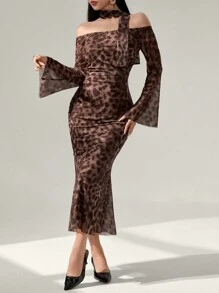 Modelyn 豹纹印花网眼长袖露肩休闲度假连衣裙长款女士装长款晚礼服 - 棕色 - 查看 3