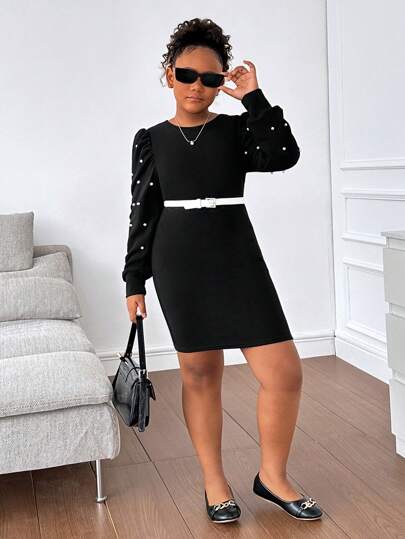 SHEIN Tween Girls Extended Size Knit Patchwork Beaded Långärmad Klänning