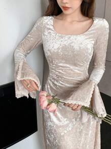 DAZY 女士优雅纯色褶皱喇叭袖保暖中长连衣裙，秋季舞会礼服，新年晚会礼服 - 杏色 - 查看 4