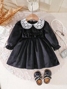 Baby Girl Color Block Lace Patchwork Casual Dress, Spring & Autumn - Black - View 1