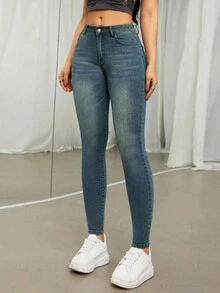 高腰彈性時尚修身拉臀女士牛仔褲 - 藍色 - 查看 3