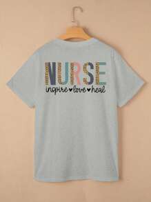 SHEIN LUNE Зручна жіноча футболка з принтом літери "NURSE" спереду та ззаду - Світло-сірий - Переглянути 2