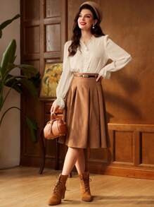 Vintamour Vintage Elegant Women's Shirt With Lace Patchwork, V-Neck, Long Flare Sleeves, Ruffle Hem And Exquisite Pearl Button, Perfect For Work Back To School Clothes Fall Clothes Women Blouses Fall Tops Fall Outfits Teacher Clothes Winter Women Vintage Clothes White Long Sleeve Shirt Button Down Shirt Long Sleeve Top Renaissance Old Money Work Clothes Christmas Clothes Winter Tops Work Women Blouses Homecoming Birthday Women Outfits Cottage Core Fall Clothes Long Sleeve Blouse