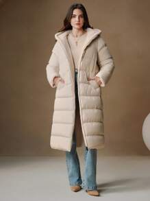 Anewsta Thick Long Reversible Hooded Women Jacket With Horizontal Quilting Lambswool Lining - Beige - View 2