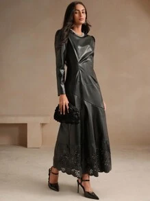 Anewsta 春秋时尚长袖复古风镂空花卉图案 PU 连衣裙 - 黑色 - 查看 4