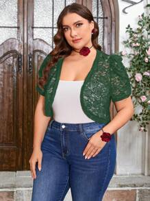 SHEIN Clasi 大码女式纯色蕾丝拼布短袖夹克 - 墨綠色 - 查看 6