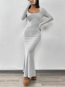 SHEIN EZwear 1 pieza Vestido largo de punto gris para mujeres - Gris - Ver 5