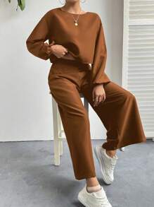 SHEIN Essnce 2 件女式船领长袖上衣和纯色休闲裤套装 - 棕色 - 查看 4