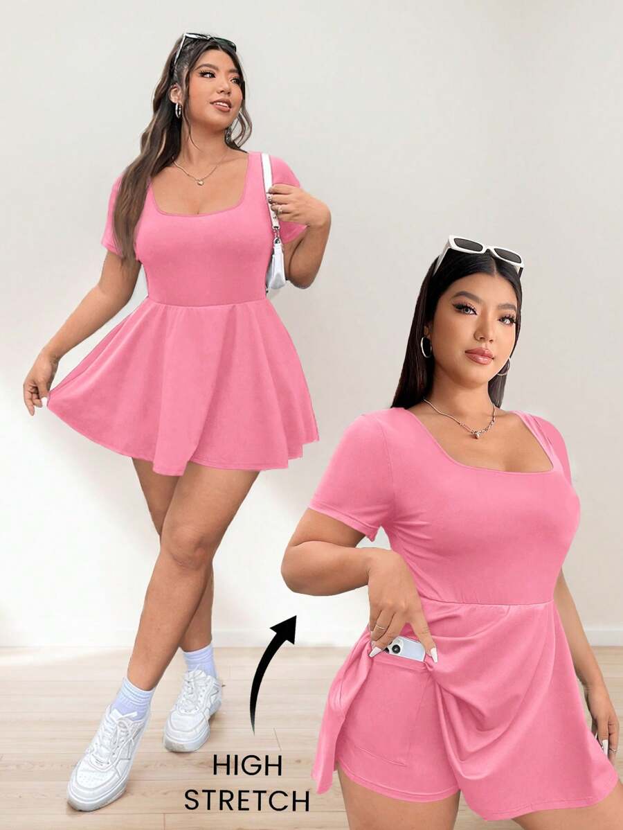 SHEIN EZwear 情人节，大码女式粉色短袖 A 字裙，荷叶边下摆，吸湿排汗，快干，透气面料，舒适，百搭休闲装，适合学校、户外、瑜伽、健身 - 粉色 - 查看 1