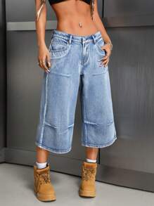 SHEIN ICON 女士口袋装饰阔腿宽松休闲卷边牛仔裤 - 中等水洗藍 - 查看 6